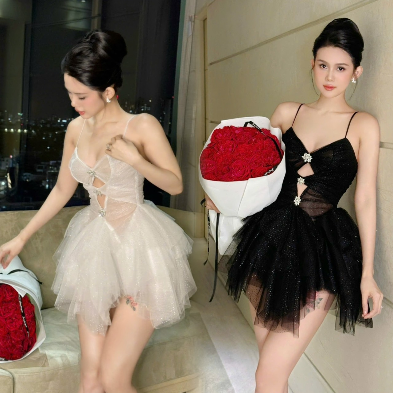 ชุดเดรส สายเดี๋ยว กลิตเตอร์ แต่งเพรช สีขาว สีดำ BRAND OBIBI 2246 Size S,M