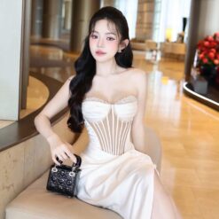 ชุดเดรส ราตรียาว เกาะอก เพรช สีขาว สีทอง สีฟ้า สีแดงไวน์ BRAND OBIBI 3084 Size S-M