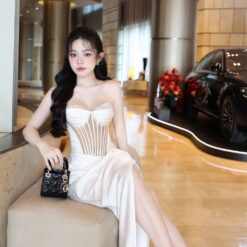 ชุดเดรส ราตรียาว เกาะอก เพรช สีขาว สีทอง สีฟ้า สีแดงไวน์ BRAND OBIBI 3084 Size S-M