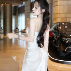 ชุดเดรส ราตรียาว เกาะอก เพรช สีขาว สีทอง สีฟ้า สีแดงไวน์ BRAND OBIBI 3084 Size S-M