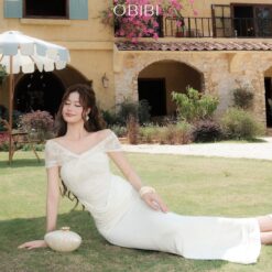 ชุดเดรส ราตรียาว ปาดไหล่ ลายลูกไม้ สีขาวBRAND OBIBI 3086 Size S-M
