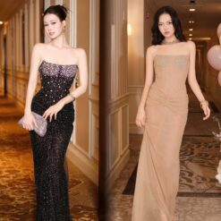 ชุดเดรส ราตรียาว เกาะอก แต่งเพรช สีดำ สีครีมทอง BRAND OBIBI 3078 Size S M BKK