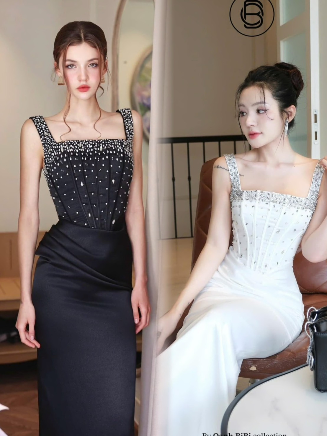 ชุดเดรส ราตรียาว สายเดี่ยว แต่งเพรช สีขาว สีดำ BRAND OBIBI 3081 Size S