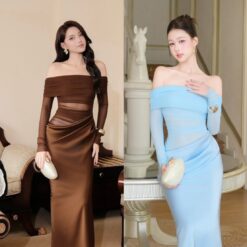 ชุดเดรส ราตรียาว ปาดไหล่ สีฟ้า สีน้ำตาล BRAND OBIBI 3079 Size S-M