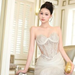 ชุดเดรส ราตรียาว ปาดไหล่ ลายลูกไม้ สีขาว BRAND OBIBI 3087 Size S-M