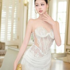 ชุดเดรส ราตรียาว ปาดไหล่ ลายลูกไม้ สีขาว BRAND OBIBI 3087 Size S-M