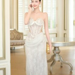 ชุดเดรส ราตรียาว ปาดไหล่ ลายลูกไม้ สีขาว BRAND OBIBI 3087 Size S-M