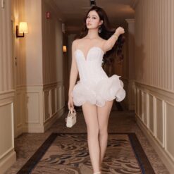 ชุดเดรส สายเดี๋ยว แต่งดอก สีขาว สีแดง สีทอง สีดำ  BRAND OBIBI 2248 Size M