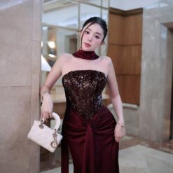 ชุดเดรส ราตรียาว เกาะอก แต่งกลิตเตอร์ สีแดงไวน์ BRAND ZEN LULU 3088 Size M