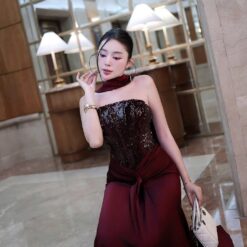 ชุดเดรส ราตรียาว เกาะอก แต่งกลิตเตอร์ สีแดงไวน์ BRAND ZEN LULU 3088 Size M