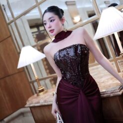 ชุดเดรส ราตรียาว เกาะอก แต่งกลิตเตอร์ สีแดงไวน์ BRAND ZEN LULU 3088 Size M