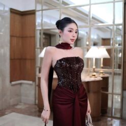 ชุดเดรส ราตรียาว เกาะอก แต่งกลิตเตอร์ สีแดงไวน์ BRAND ZEN LULU 3088 Size M