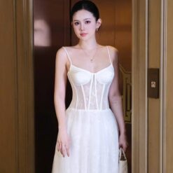 ชุดเดรส สายเดี่ยว แต่งลูกไม้ สีขาว สีชมพู BRAND OBIBI 2252 BKK