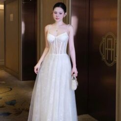 ชุดเดรส สายเดี่ยว แต่งลูกไม้ สีขาว สีชมพู BRAND OBIBI 2252 BKK