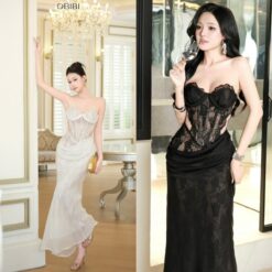 ชุดเดรส ราตรียาว ปาดไหล่ ลายลูกไม้ สีขาว สีดำ BRAND OBIBI 3087 Size S-M