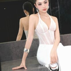 ชุดเดรส ราตรียาว คล้องคอ  สีขาว BRAND OBIBI 2272 BKK SIZE M