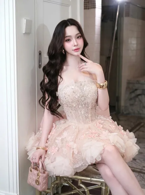 ชุดเดรส แต่งดอก กลิตเตอร์ สีชมพู BRAND HISO 2324BKK Size M - Image 10