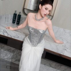ชุดเดรส ราตรียาว สายเดี่ยว แต่งกลิตเตอร์ สีขาว BRAND OBIBI 2273 BKK SIZE M