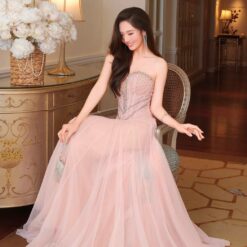 ชุดเดรส ราตรียาว เกาะอก แต่งเพชร สีชมพู BRAND OBIBI 2278 BKK SIZE M