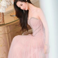 ชุดเดรส ราตรียาว เกาะอก แต่งเพชร สีชมพู BRAND OBIBI 2278 BKK SIZE M