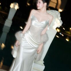ชุดเดรสยาว ราตรี สายเดี่ยว-ปาดไหล่ ลูกไม้ สีชมพู,สีขาว BRAND Thao_bibii 2298 BKK SIZE S