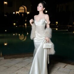 ชุดเดรสยาว ราตรี สายเดี่ยว-ปาดไหล่ ลูกไม้ สีชมพู,สีขาว BRAND Thao_bibii 2298 BKK SIZE S