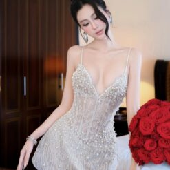 ชุดเดรส สายเดี่ยว แต่งมุก สีชมพู , สีครีม-ขาว BRAND Thao_bibii 2290 BKK SIZE M