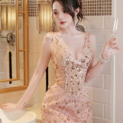 ชุดเดรส สายเดี่ยว กลิตเตอร์ สีชมพู-พิงค์โกลด์ BRAND Thao_bibii 2287 BKK SIZE M