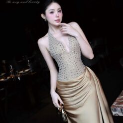 ชุดเดรสยาว ราตรี คล้องคอ แต่งเพรช สีทอง BRAND ZEN LULU 2306 BKK SIZE S-M