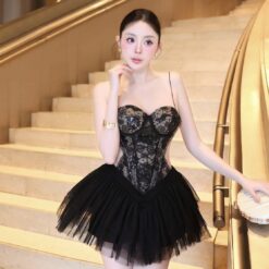 ชุดเดรส สายเดี่ยว ลูกไม้-กระโปรงฟู สีดำ BRAND ZEN LULU 2304 BKK SIZE S-M
