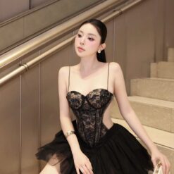 ชุดเดรส สายเดี่ยว ลูกไม้-กระโปรงฟู สีดำ BRAND ZEN LULU 2304 BKK SIZE S-M