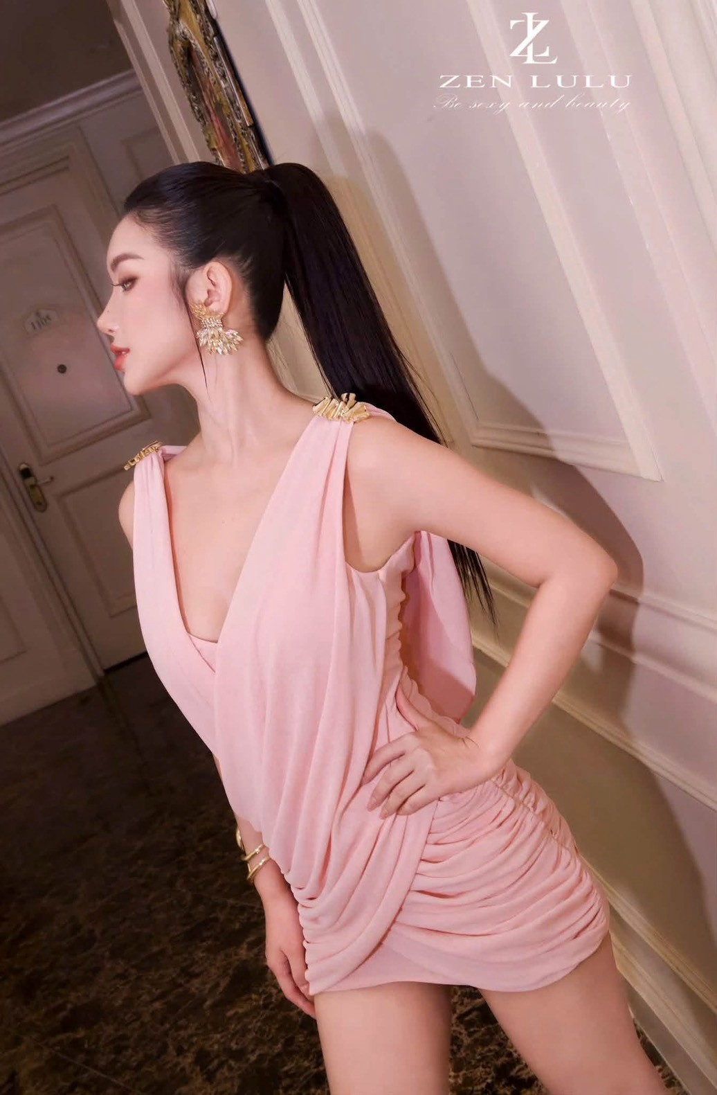 ชุดเดรส อะไล่ทอง สีชมพู BRAND ZEN LULU 2303 BKK SIZE S-M - Image 3