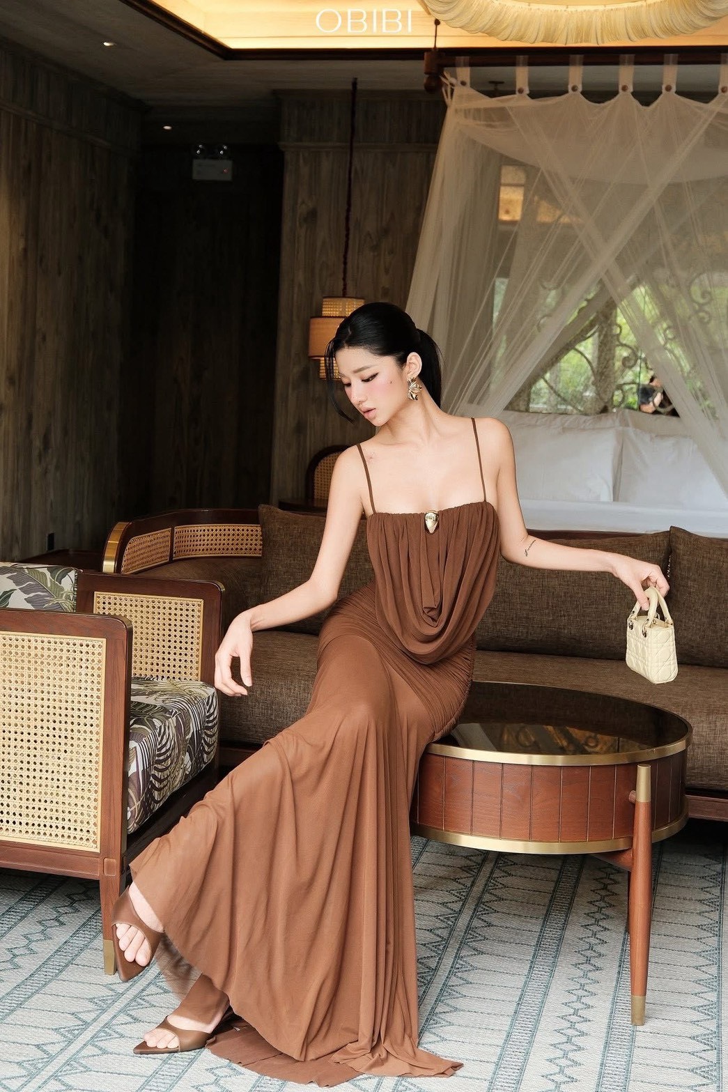 ชุดเดรส ราตรี สายเดี่ยว สีน้ำตาล BRAND OBIBI 2262 BKK SIZE M - Image 4