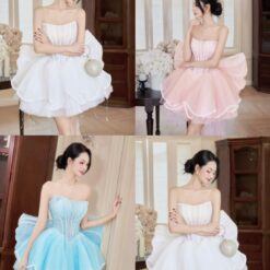 ชุดเดรส เกาะอก แต่งมุก+โบว์ สีขาว สีชมพู สีฟ้า BRAND HISO 2328BKK Size M