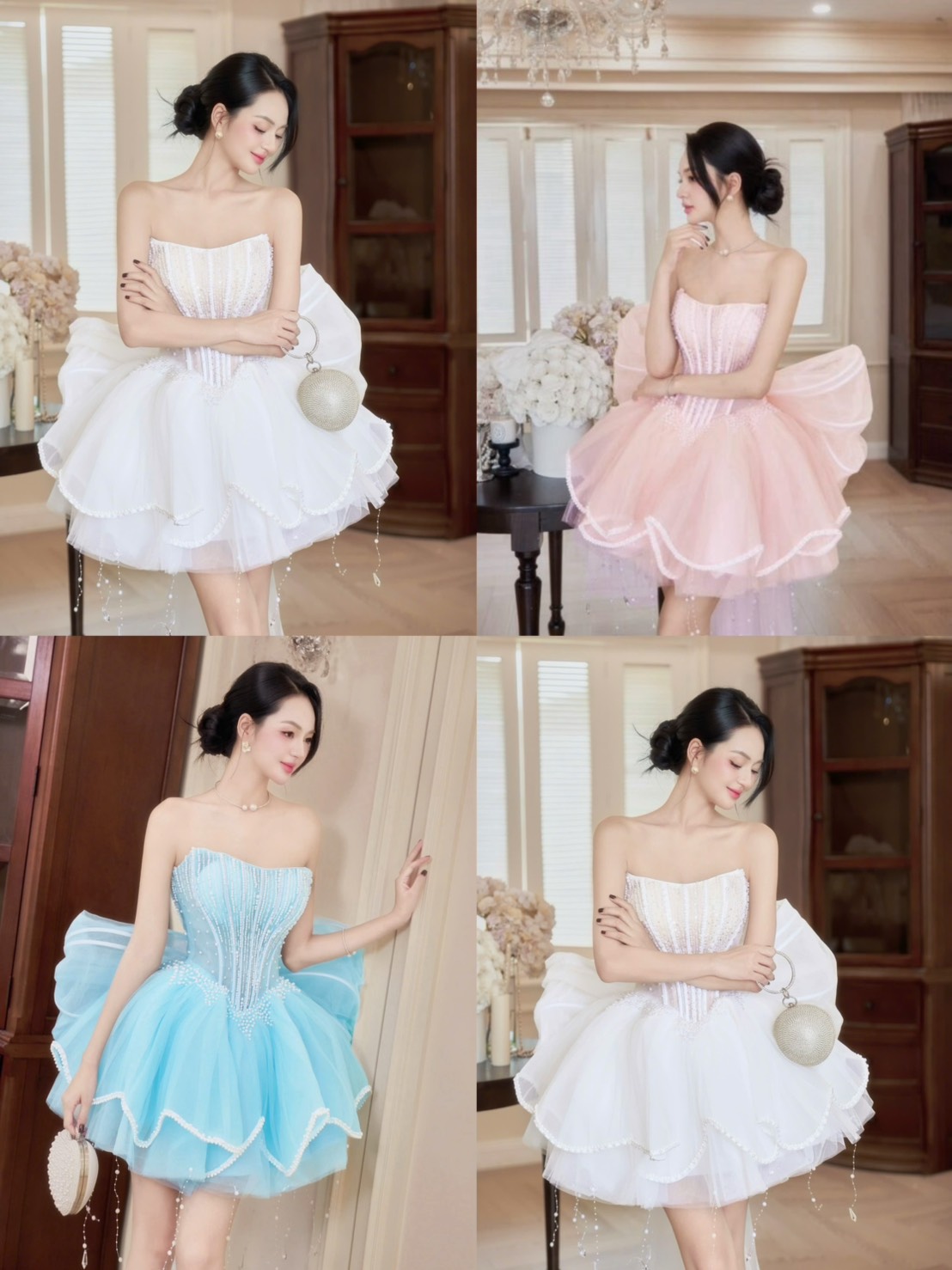 ชุดเดรส เกาะอก แต่งมุก+โบว์ สีขาว สีชมพู สีฟ้า BRAND HISO 2328BKK Size M