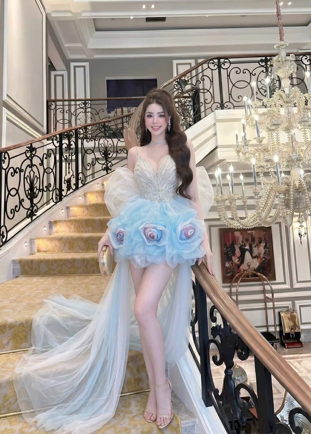 ชุดเดรส สายเดี่ยว แต่งเพชร+แต่งโบว์ สีฟ้า BRAND HISO 2334 BKK Size M - Image 6