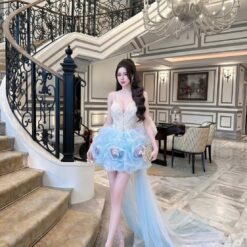 ชุดเดรส สายเดี่ยว แต่งเพชร+แต่งโบว์ สีฟ้า BRAND HISO 2334 BKK Size M