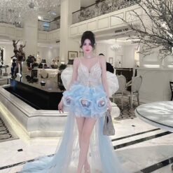 ชุดเดรส สายเดี่ยว แต่งเพชร+แต่งโบว์ สีฟ้า BRAND HISO 2334 BKK Size M