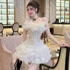 ชุดเดรส เกาะอก แต่งมุก สีขาว สีชมพู สีฟ้า BRAND HISO 2335BKK Size M