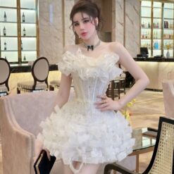 ชุดเดรส เกาะอก แต่งมุก สีขาว สีชมพู สีฟ้า BRAND HISO 2335BKK Size M