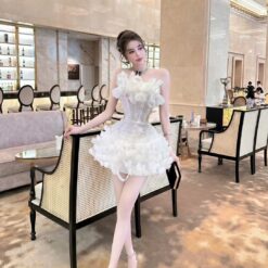 ชุดเดรส เกาะอก แต่งมุก สีขาว สีชมพู สีฟ้า BRAND HISO 2335BKK Size M