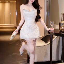 ชุดเดรส เกาะอกกระโปรงฟู แต่งโบว์ สีขาว Brand HISO 2336 BKK Size S-M