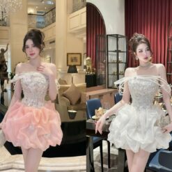 ชุดเดรส เกาะอก กระโปรงฟู แต่งมุก กลิตเตอร์ สีชมพู สีขาว Brand HISO 2325BKK Size M