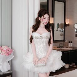 ชุดเดรส เกาะอก กลิตเตอร์ แต่งดอก สีขาว BRAND HISO 2330 BKK Size M