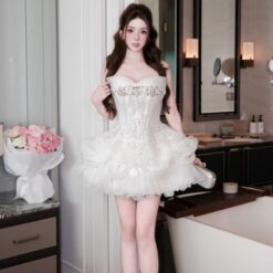 ชุดเดรส เกาะอก กลิตเตอร์ แต่งดอก สีขาว BRAND HISO 2330 BKK Size M