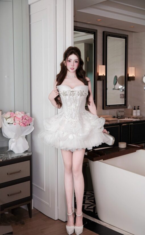 ชุดเดรส เกาะอก กลิตเตอร์ แต่งดอก สีขาว BRAND HISO 2330 BKK Size M
