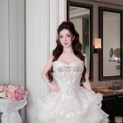 ชุดเดรส เกาะอก กลิตเตอร์ แต่งดอก สีขาว BRAND HISO 2330 BKK Size M