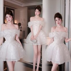 ชุดเดรส ปาดไหล่ กลิตเตอร์ แต่งดอก สีขาว BRAND HISO 2331 BKK Size M