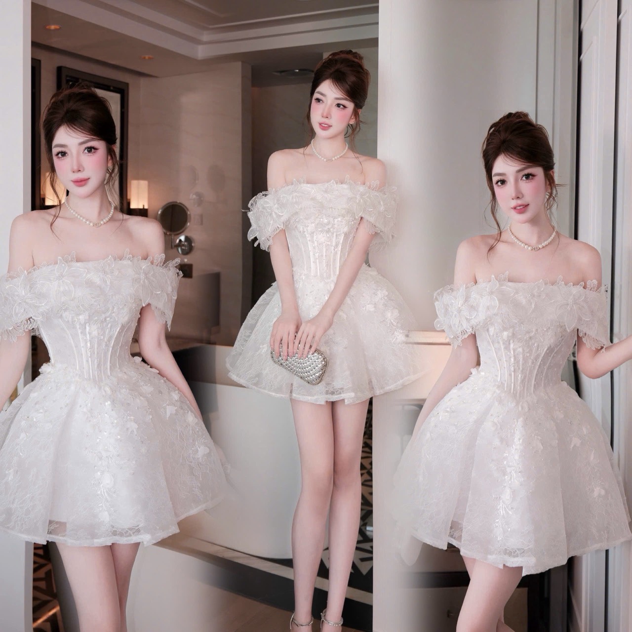 ชุดเดรส ปาดไหล่ กลิตเตอร์ แต่งดอก สีขาว BRAND HISO 2331 BKK Size M - Image 5