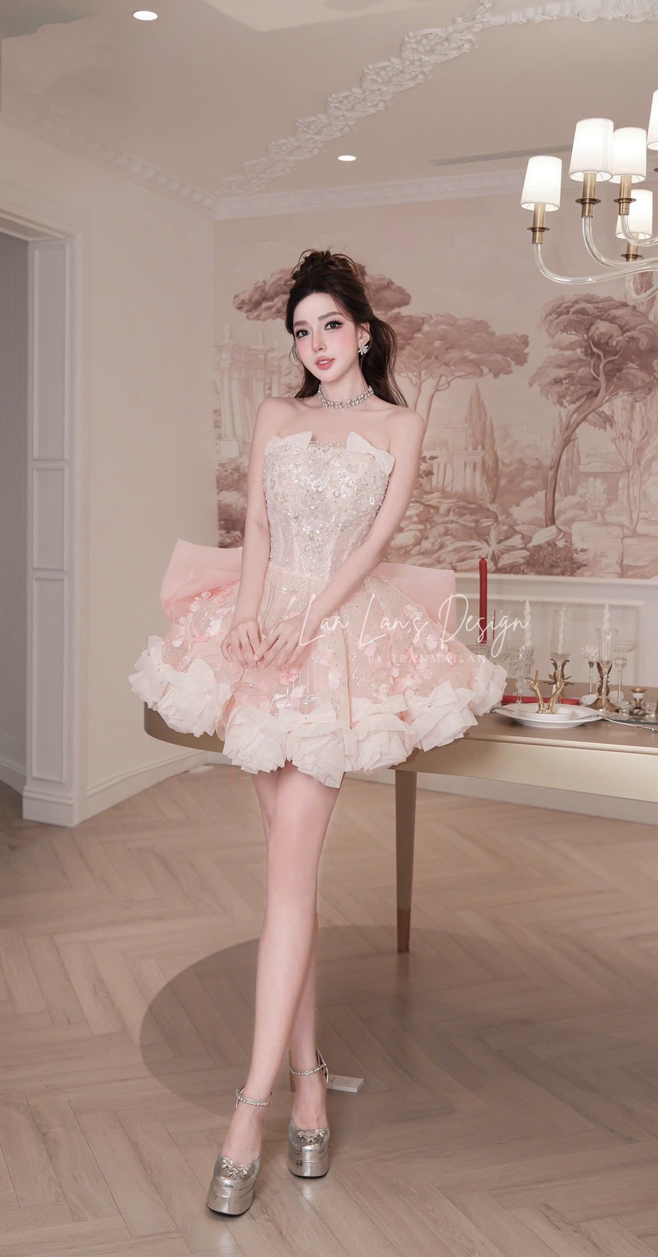 ชุดเดรส แต่งดอก กลิตเตอร์ สีชมพู BRAND HISO 2324BKK Size M - Image 6